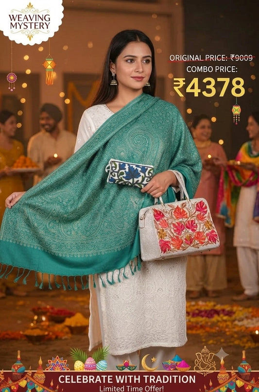 Teal Green Zari Shawl & TRL Bag with Pouch – Lohri Special Combo Offer
