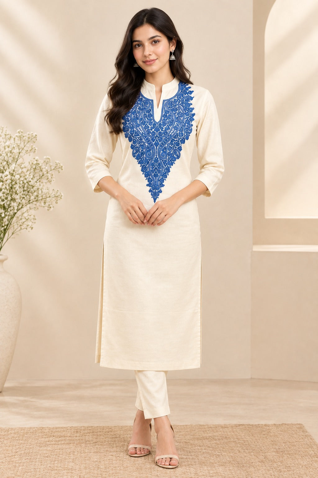 Women’s White & Blue Cotton Suit | Pashmina Woollen Unstitched Winter Collection