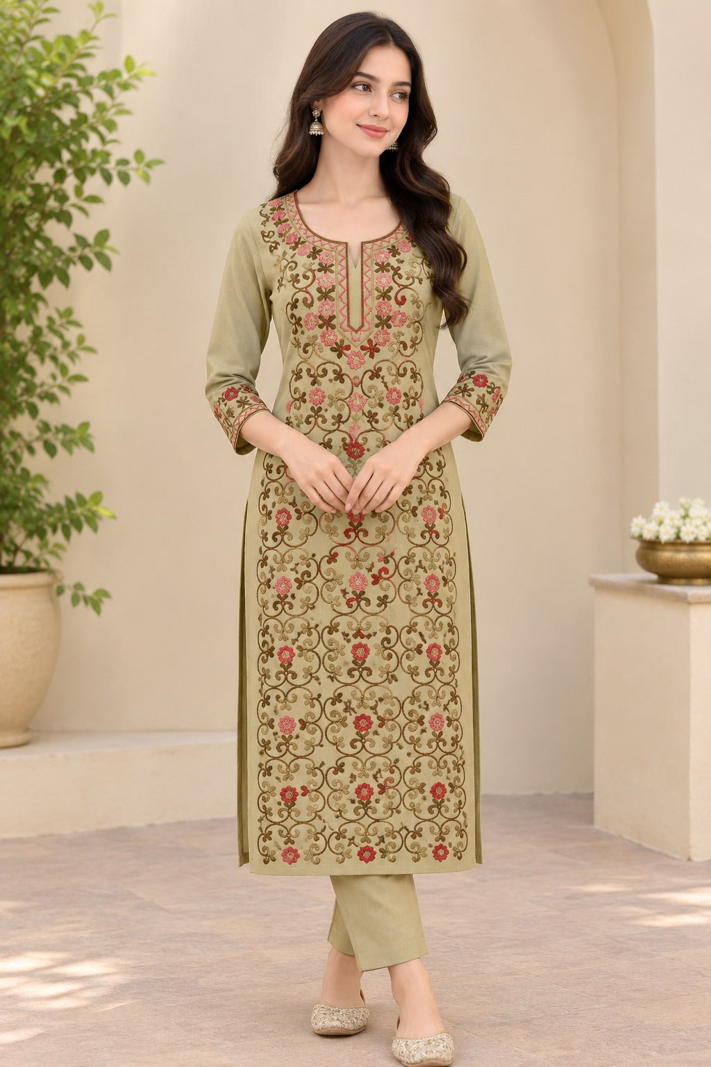 Women’s Beige Hand Embroidered Cotton Suit | Elegant Ethnic Wear Collection