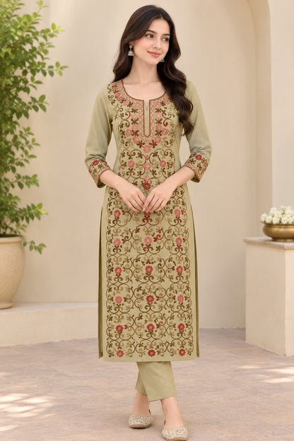 Women’s Beige Hand Embroidered Cotton Suit | Elegant Ethnic Wear Collection