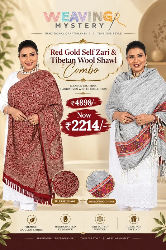 Red Gold Self Zari & Tibetan Wool Shawl Combo | Blended Pashmina Handwoven Winter Collection