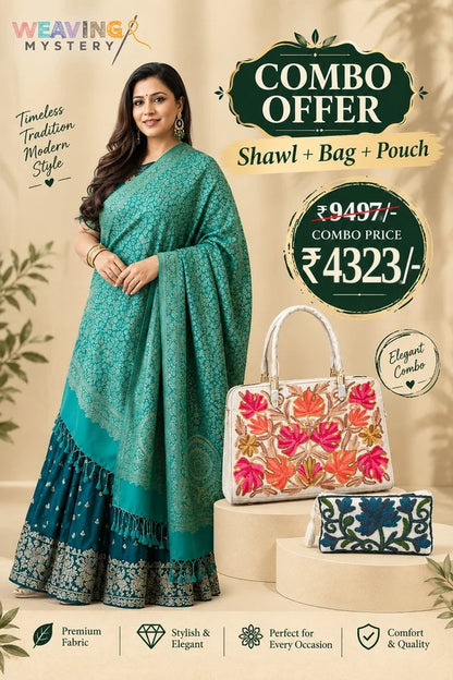 Teal Green Zari Shawl & TRL Bag with Pouch – Lohri Special Combo Offer