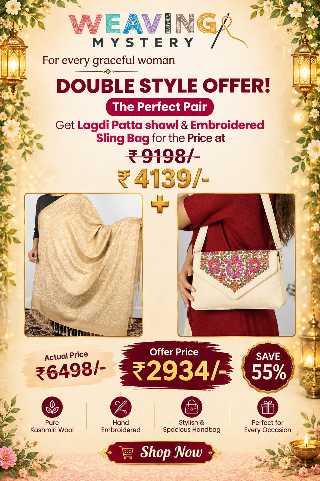 Kashmiri Shawl  Matching Sling Bag Set  Elegant Handcrafted Combo