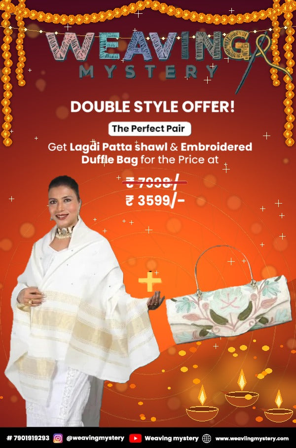 White Lagdi Patta Shawl & Duffle Bag Combo – Lohri Special Offer