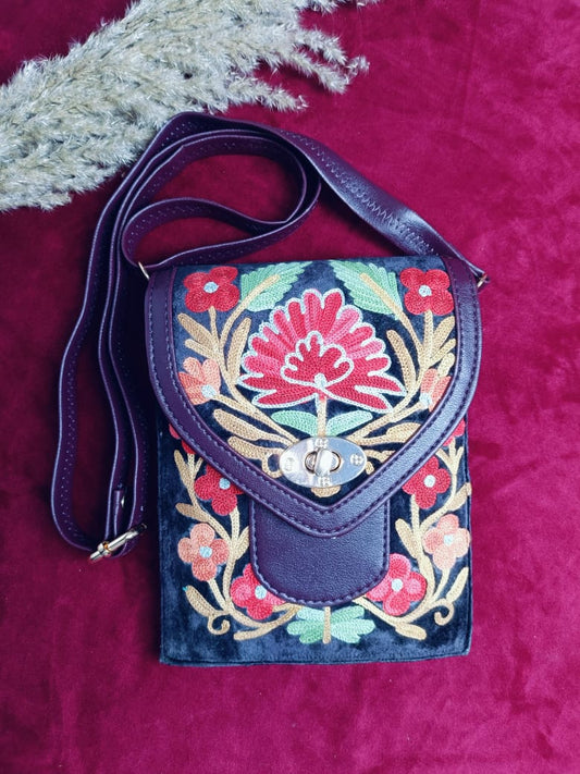 Hand Embroidered Chirpy Bloom Mobile cum Wallet Sling