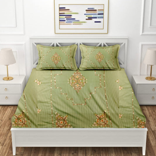 Premium Kashmiri Embroidery Bed Sheet Only In Green Floral Design