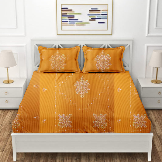 Premium Kashmiri Embroidery Bed Sheet Only-In Cotton Yellow Floral