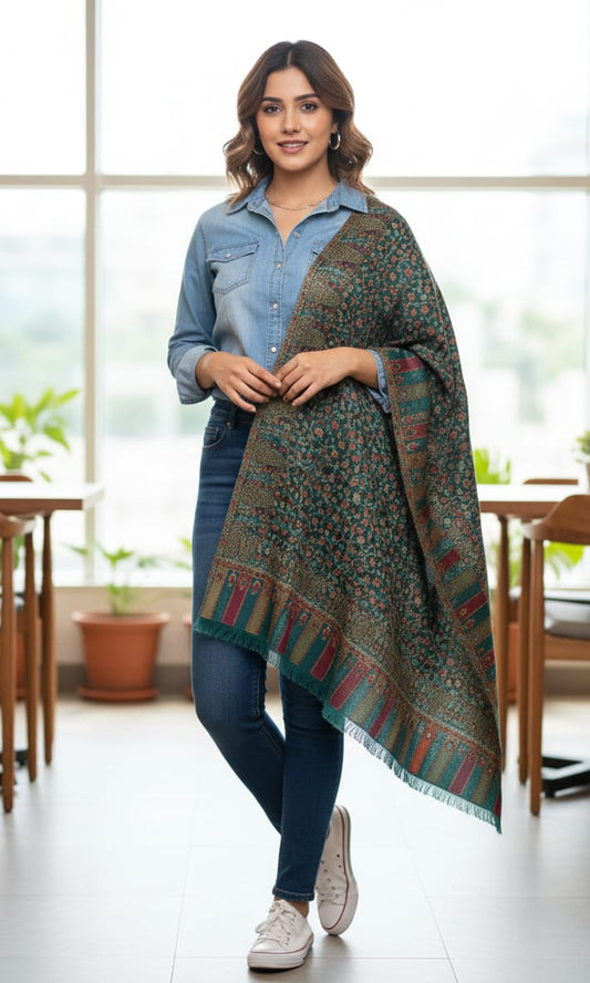 Dark Green Kani Shawl – Authentic Handwoven Kashmiri Luxury