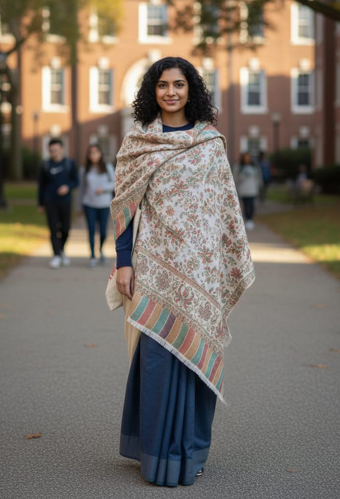 Luxury White Kani Shawl – Traditional Handloom