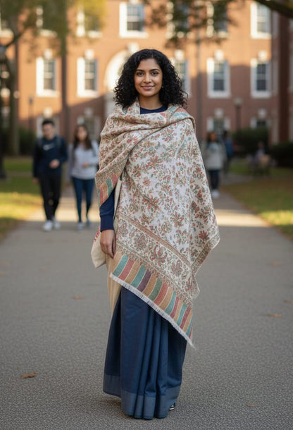 Luxury White Kani Shawl – Traditional Handloom