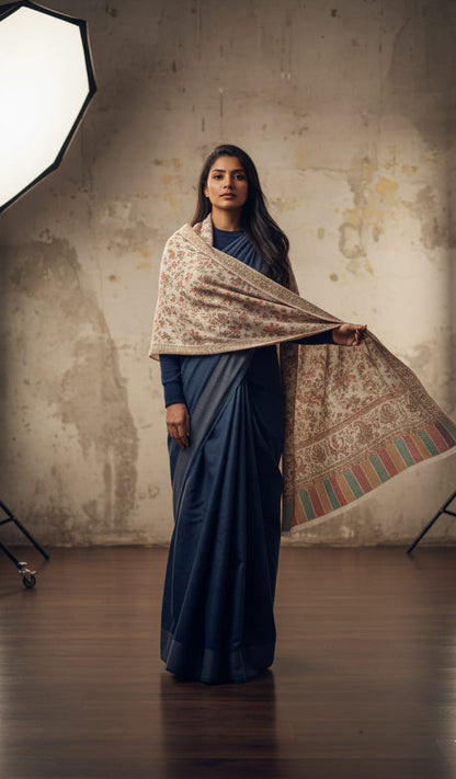 Luxury White Kani Shawl – Traditional Handloom