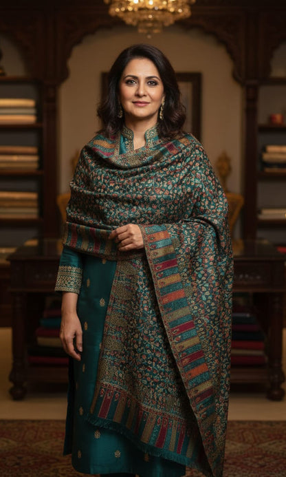 Dark Green Kani Shawl – Authentic Handwoven Kashmiri Luxury