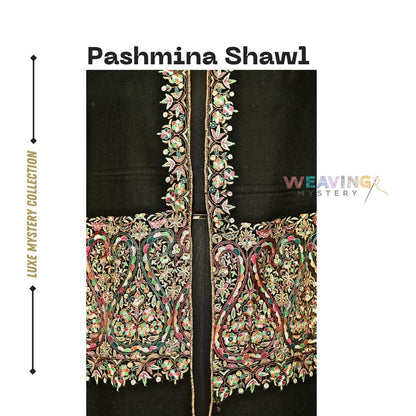 Black Pure Pashmina Shawl With Broad Pala