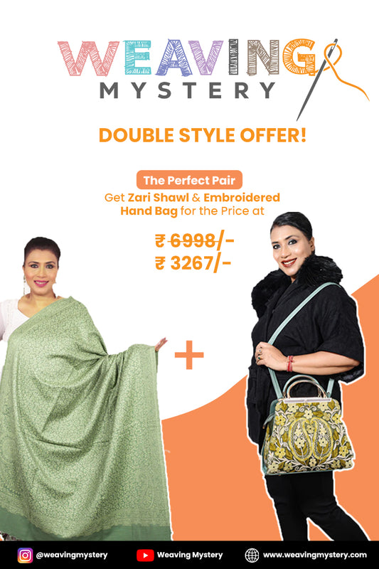 Pissta green Zari Pashmina-Blended Shawl & Hand-Embroidered Luxury Handbag Set | New Year Combo Offer